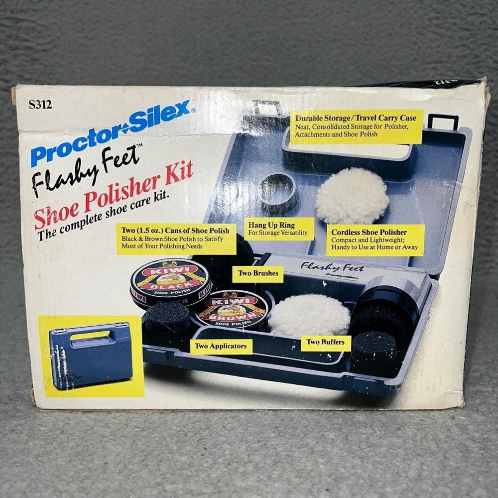 NOS Proctor-Silex Kiwi Brown Flashy Feet Shoe Polisher Kit Cordless Batt Operate